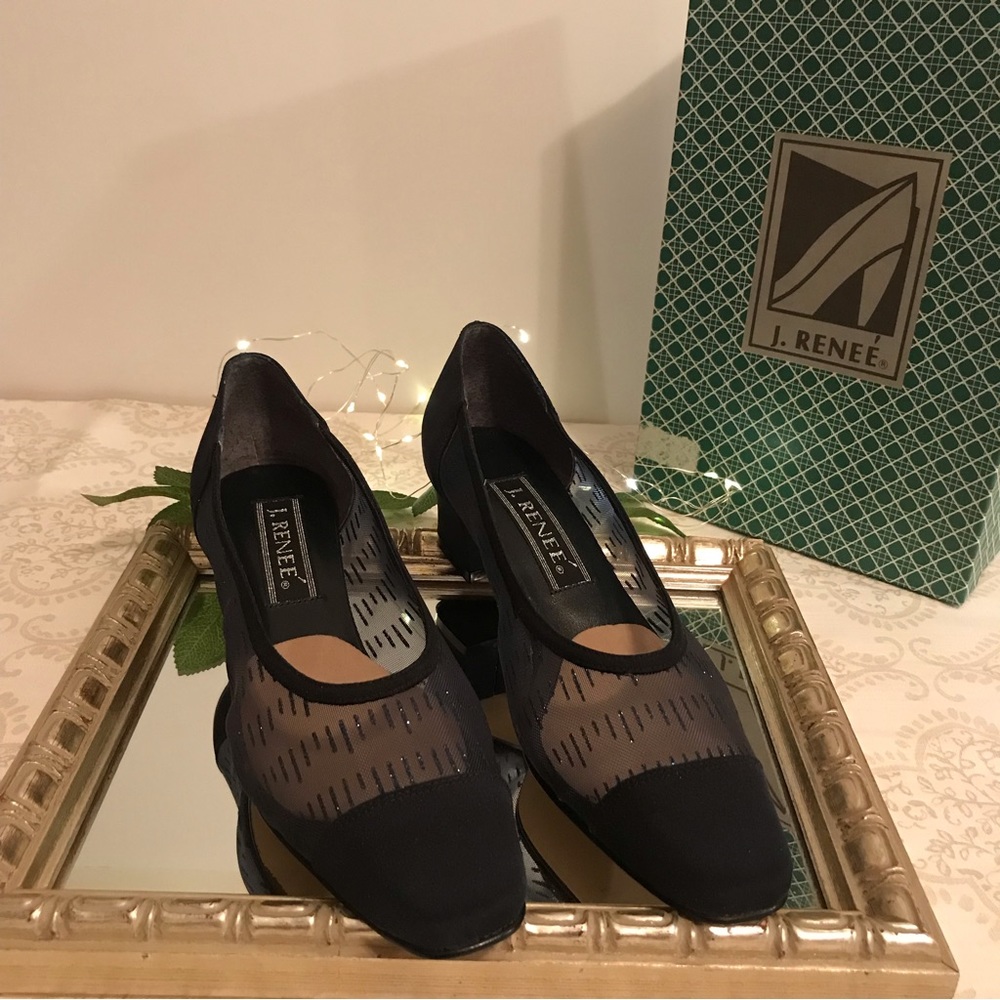 J. Renee Averill Navy Blue Pump Block Heels Mesh Panel Slip on Shoes Sz 7 1/2 M